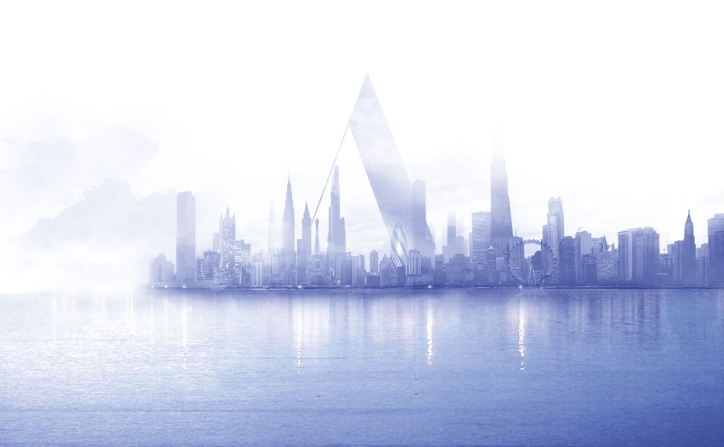Global skyline dissolving into mist, reflected in water, the Allasys world.